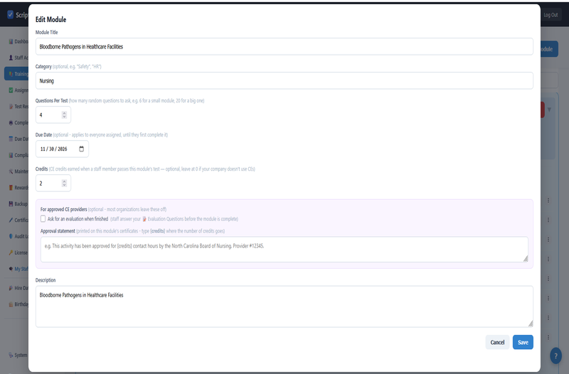 ScriptLMS Edit Module window with the module's title, category, due date, credits, description, and the optional course evaluation and certificate approval statement